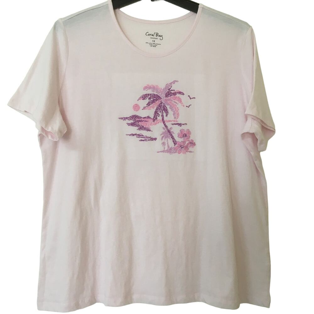 Coral Bay Woman 1X Pink & Purple Embroidered Palm Tree S S Scoop Neck T-shirt
